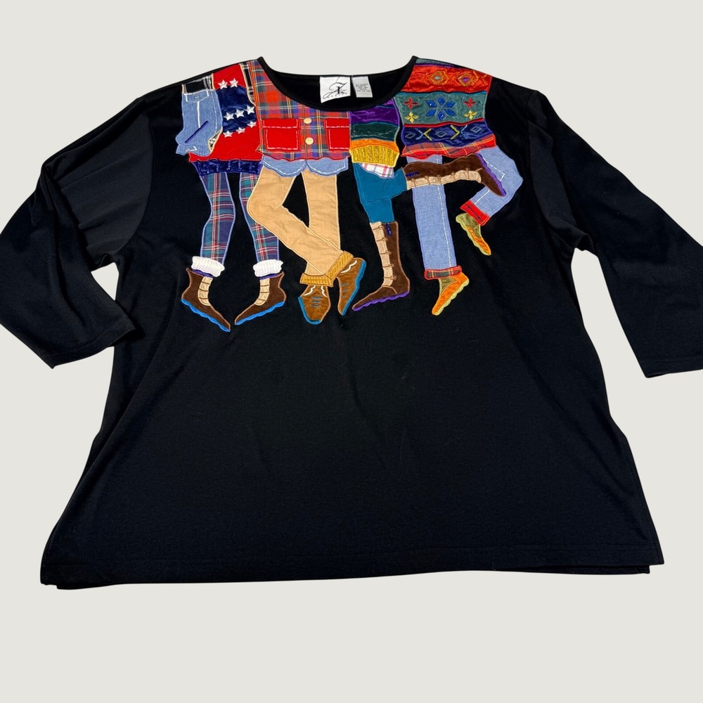 AK America Top 18/20 Black Art Wear Applique Embroidered 3/4 Sleeve FUN Whimsy